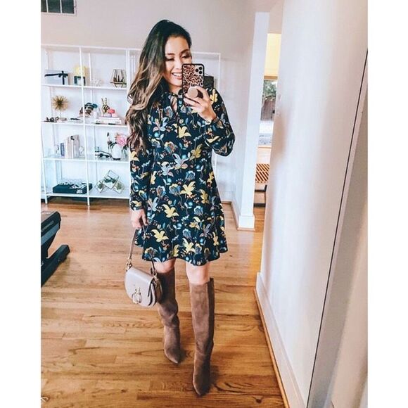 Loft Plus Size 14 Long Sleeve Peasant Shift Dress Navy Blue Floral Leaf Print - Picture 4 of 16